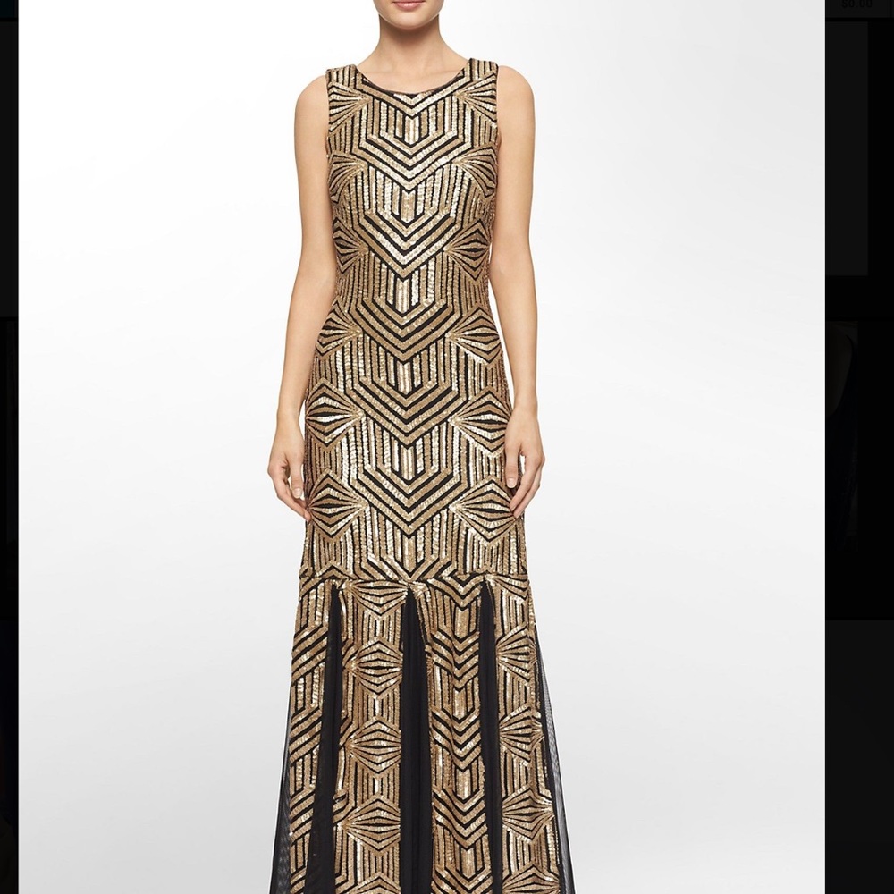 Calvin Klein Art Deco Geometric Gold&Black Floor Length Dress with Godets Size14